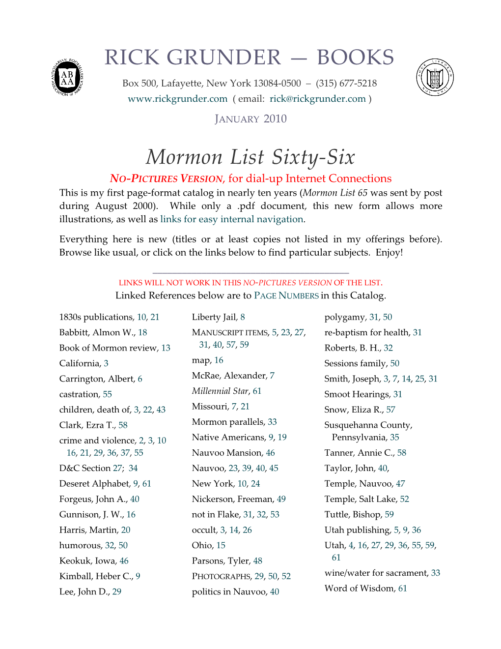 RICK GRUNDER — BOOKS Mormon List Sixty-Six