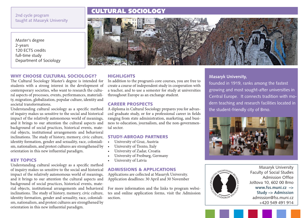 CULTURAL SOCIOLOGY 2Nd Cycle Program Taught at Masaryk University