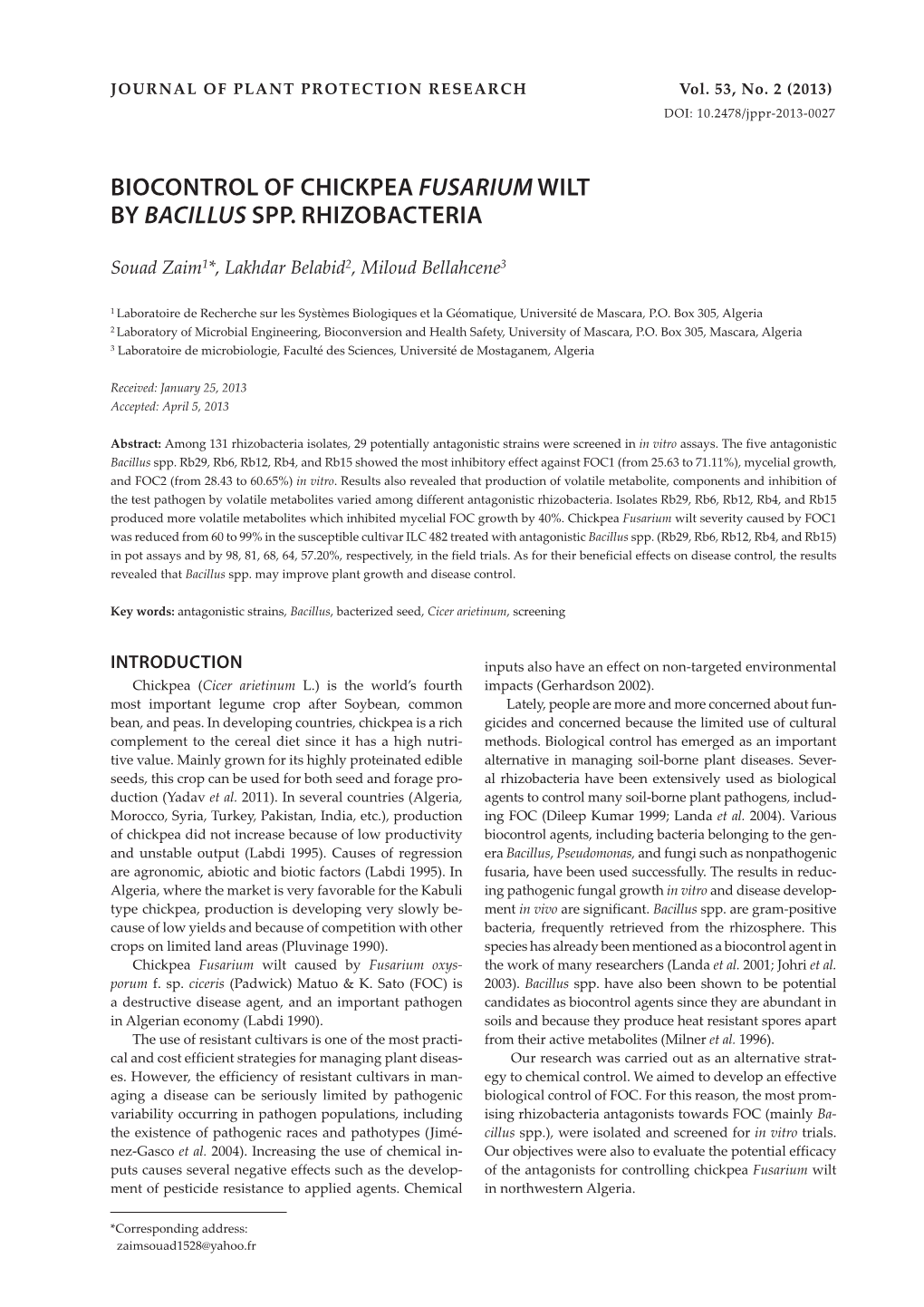 Biocontrol of Chickpea Fusariumwilt by Bacillus