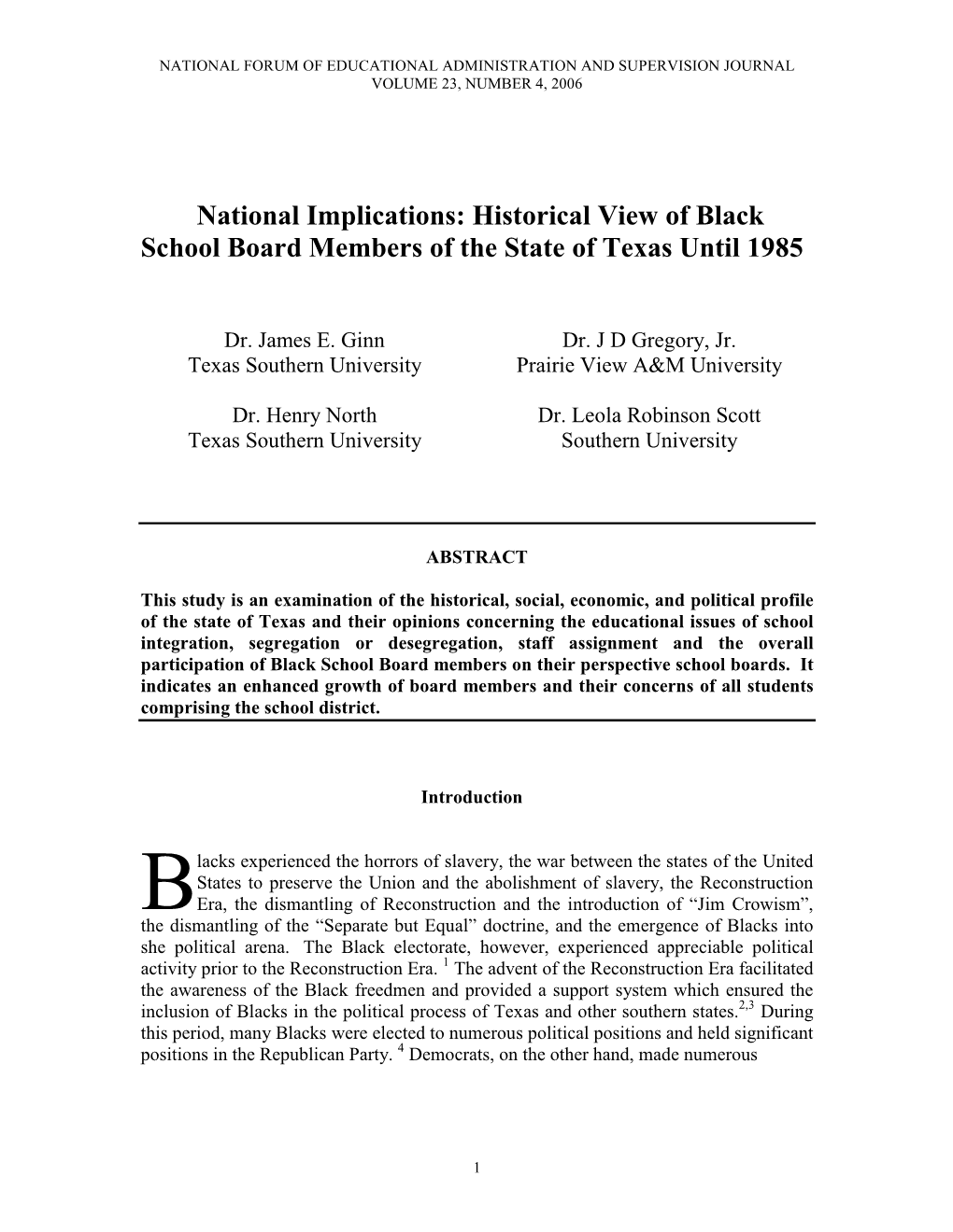 National Implications: Historical View of Black School Board Members of the State of Texas Until 1985