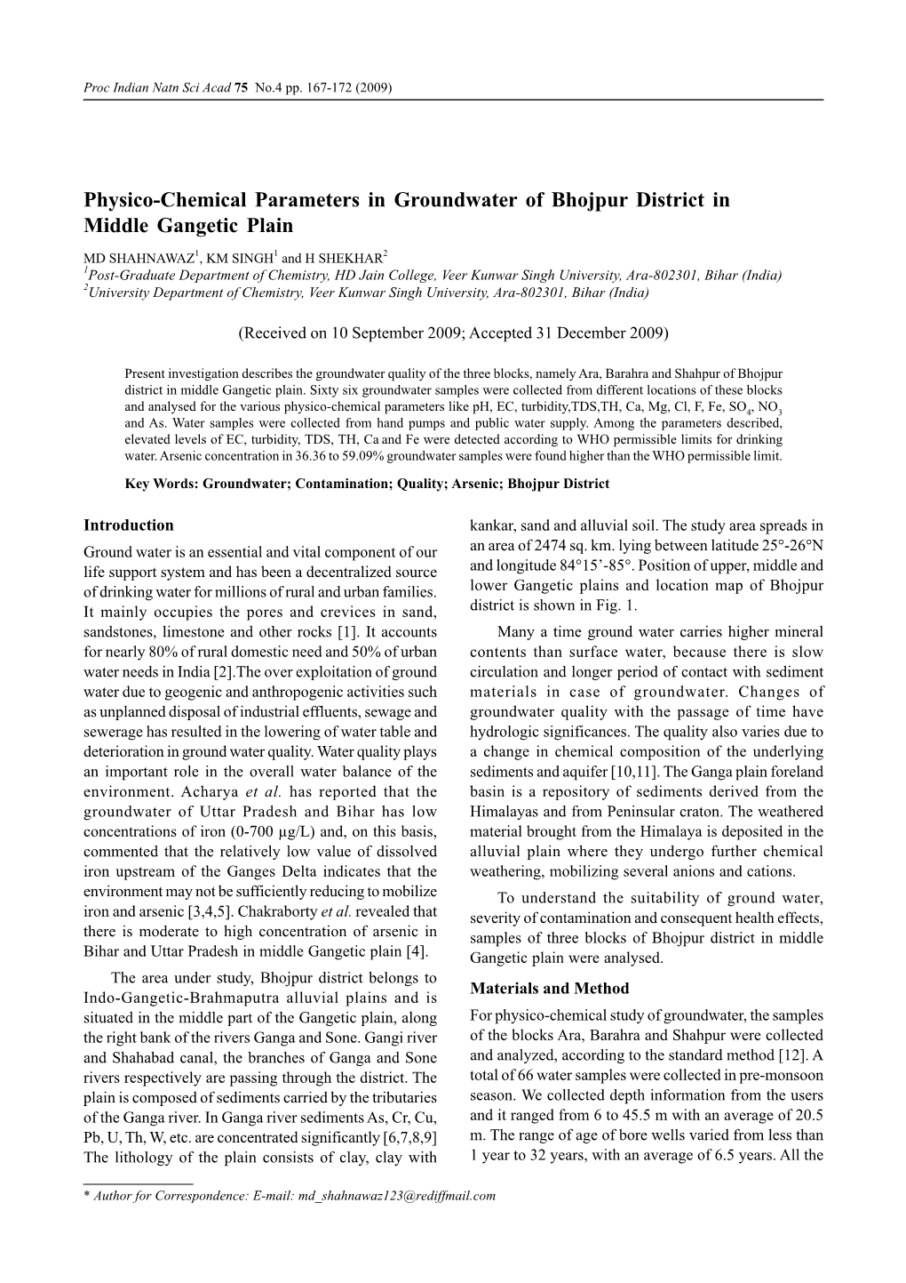 Physico-Chemical Parameters in Groundwater of Bhojpur District in Middle Gangetic Plain