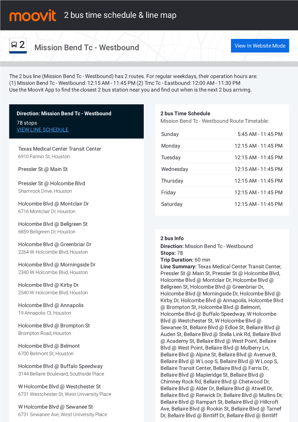 2 Bus Time Schedule & Line Route