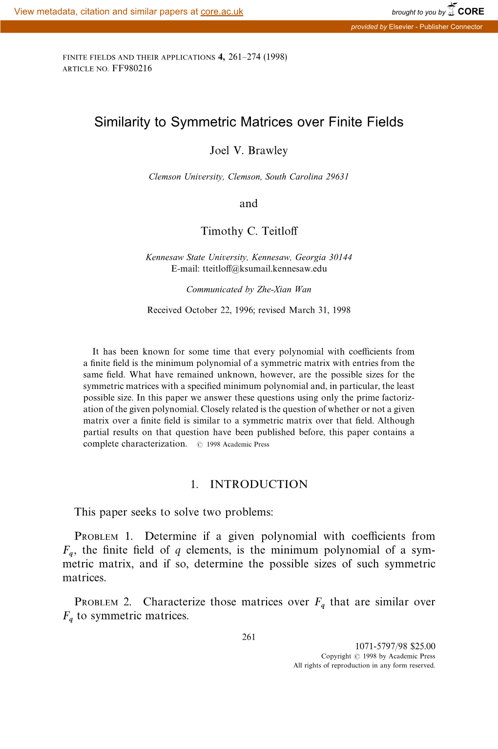 Similarity to Symmetric Matrices Over Finite Fields