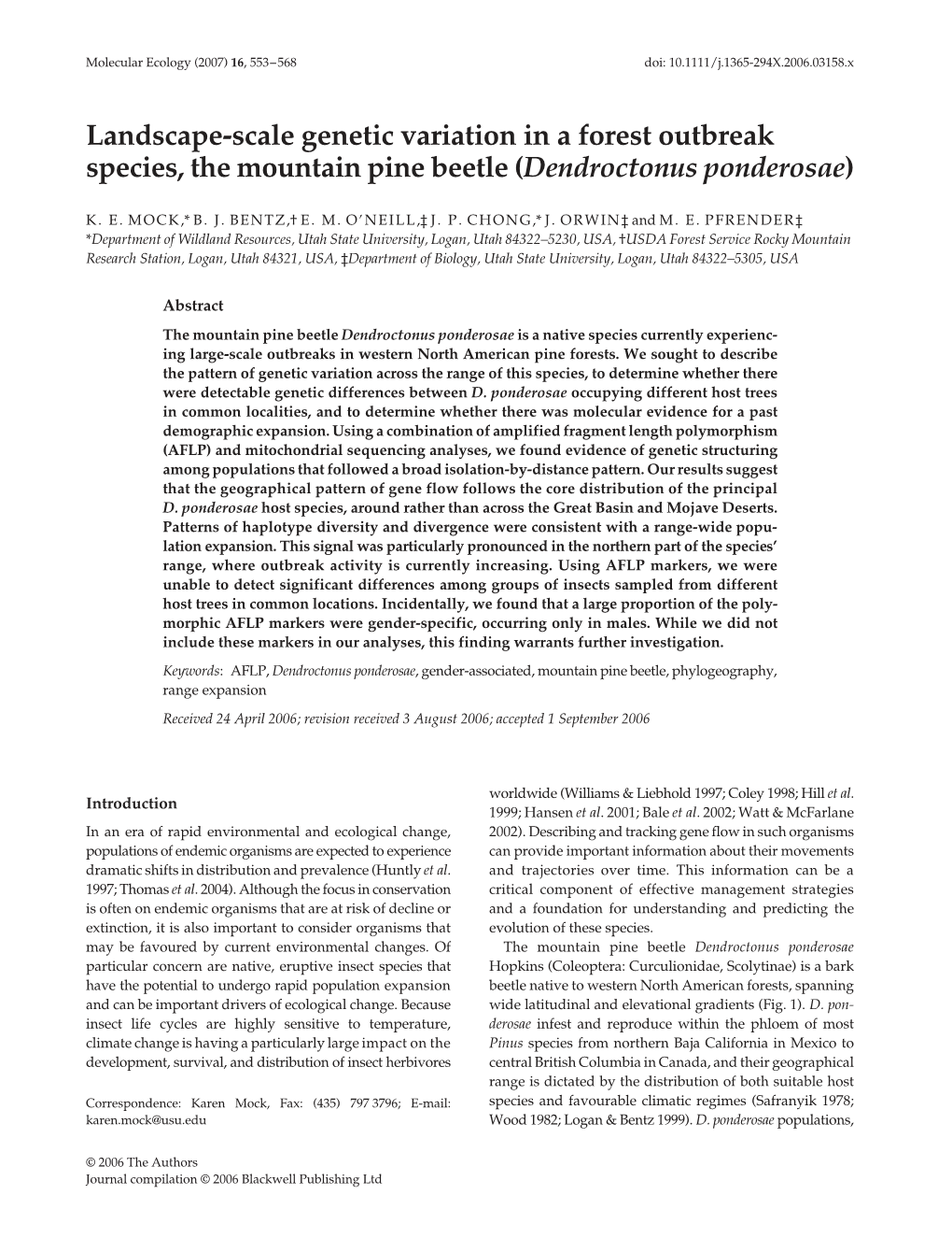 Landscape-Scale Genetic Variation in a Forest Outbreak Species, the Mountain Pine Beetle (Dendroctonus Ponderosae)