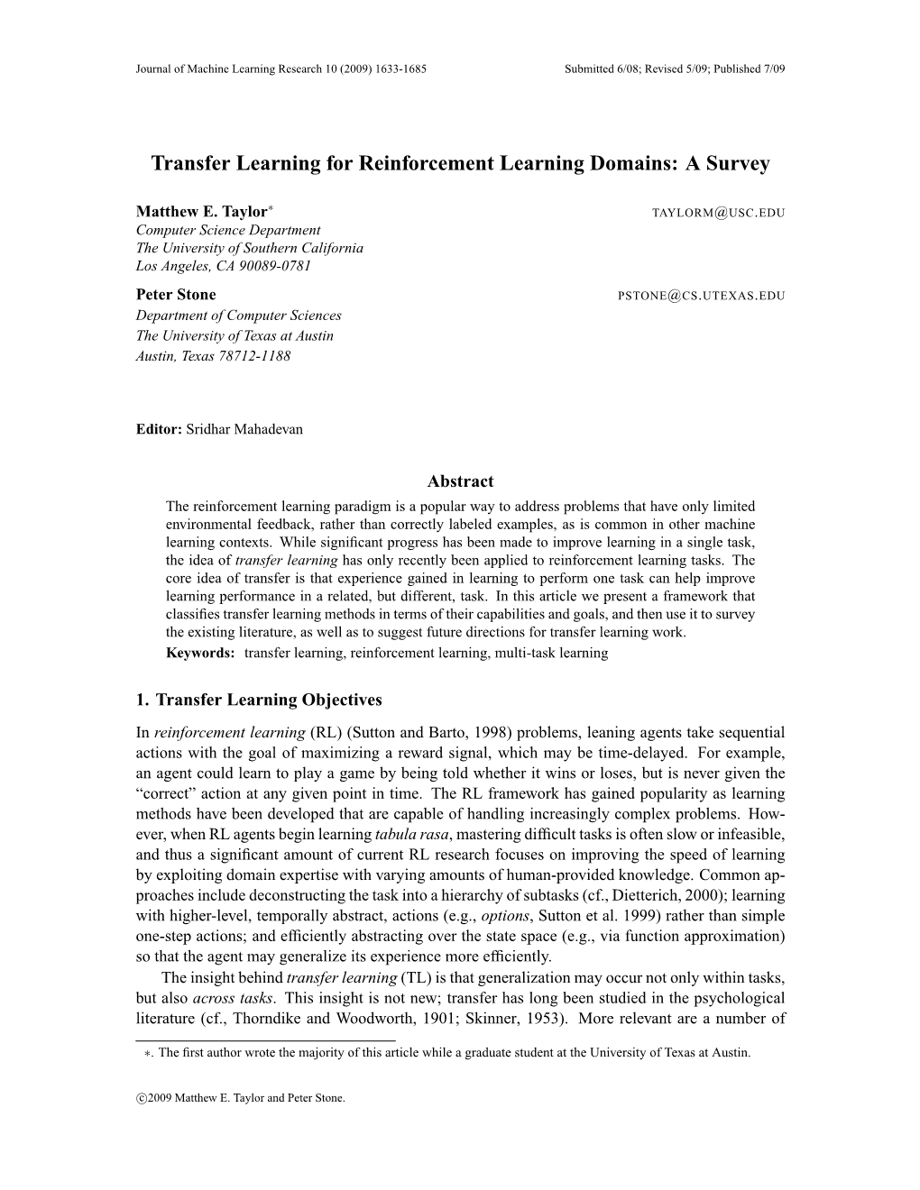 Transfer Learning for Reinforcement Learning Domains: a Survey