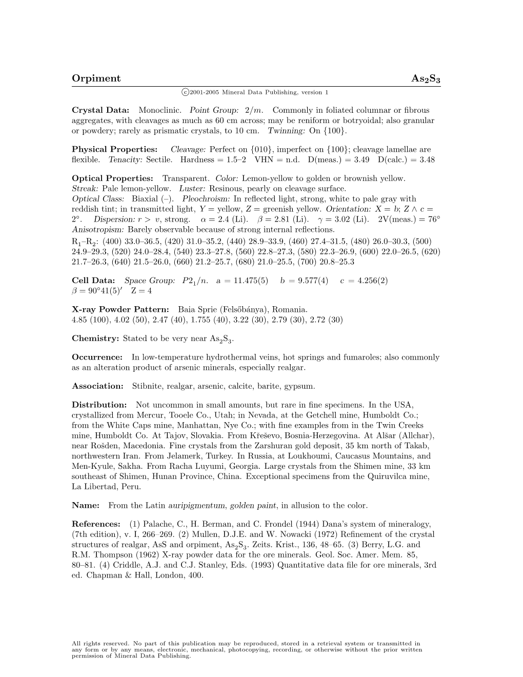 Orpiment As2s3 C 2001-2005 Mineral Data Publishing, Version 1