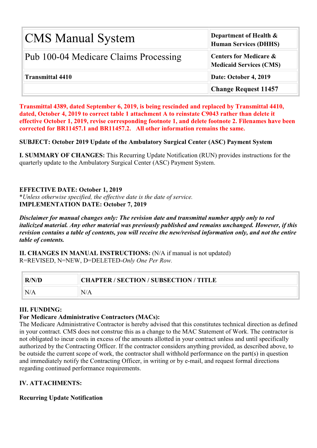 Pub 100-04 Medicare Claims Processing Centers for Medicare & Medicaid Services (CMS) Transmittal 4410 Date: October 4, 2019 Change Request 11457