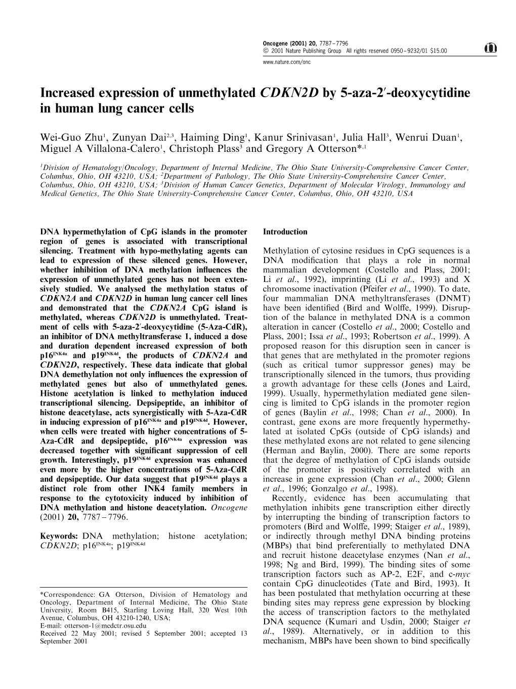Increased Expression of Unmethylated CDKN2D by 5-Aza-2'-Deoxycytidine in Human Lung Cancer Cells