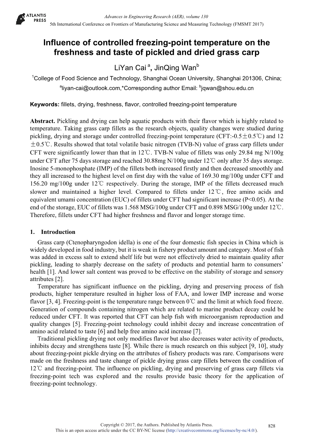 Influence of Controlled Freezing-Point Temperature on the Freshness and Taste of Pickled and Dried Grass Carp