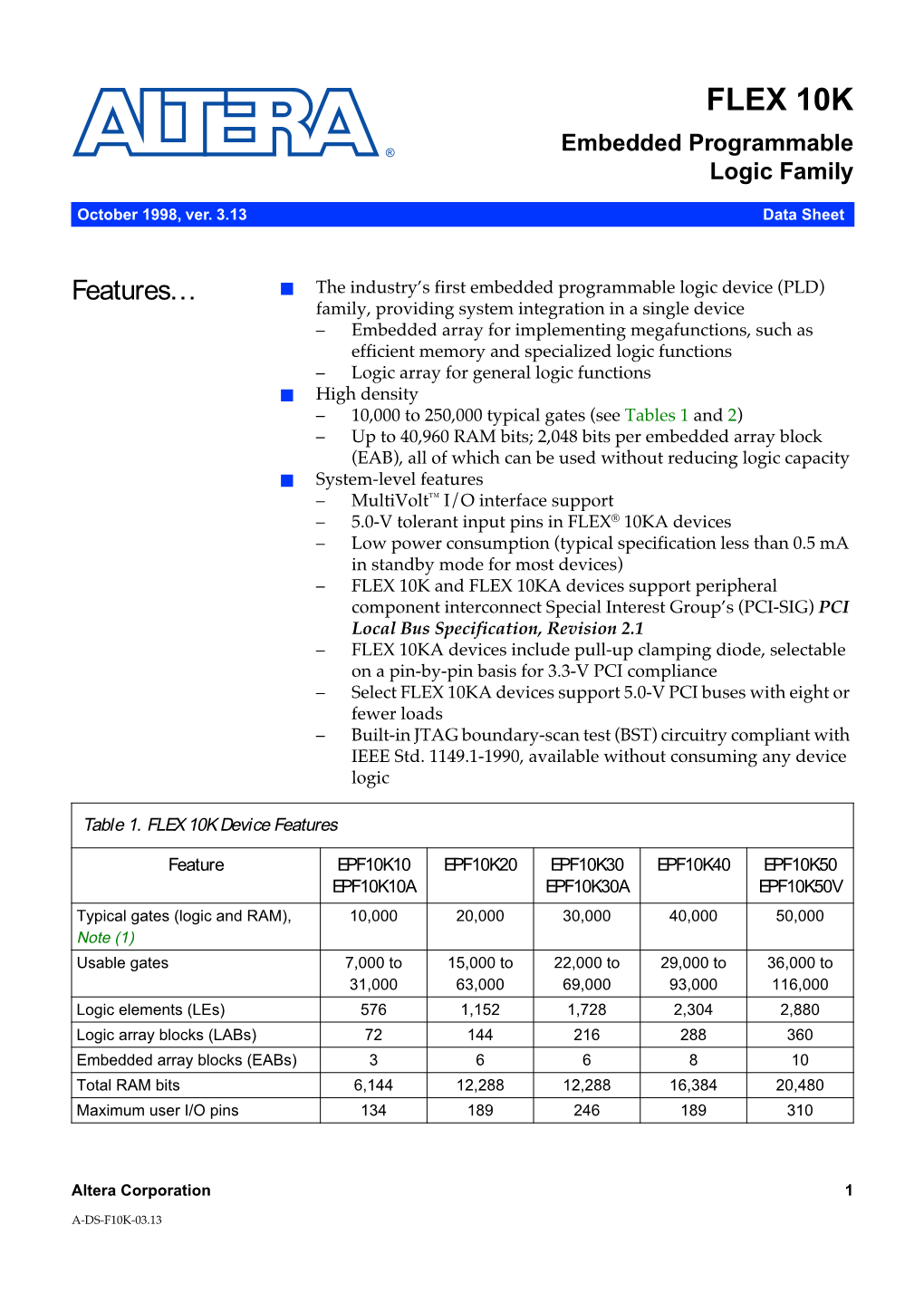 FLEX 10K Embedded Programmable Logic Family Data Sheet