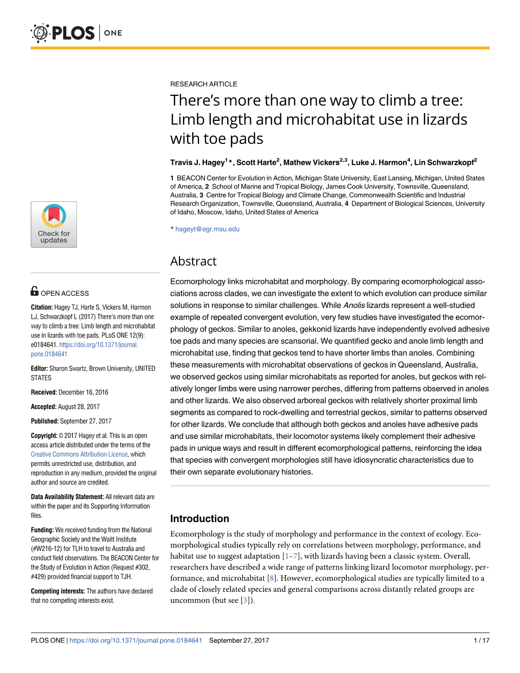 Limb Length and Microhabitat Use in Lizards with Toe Pads