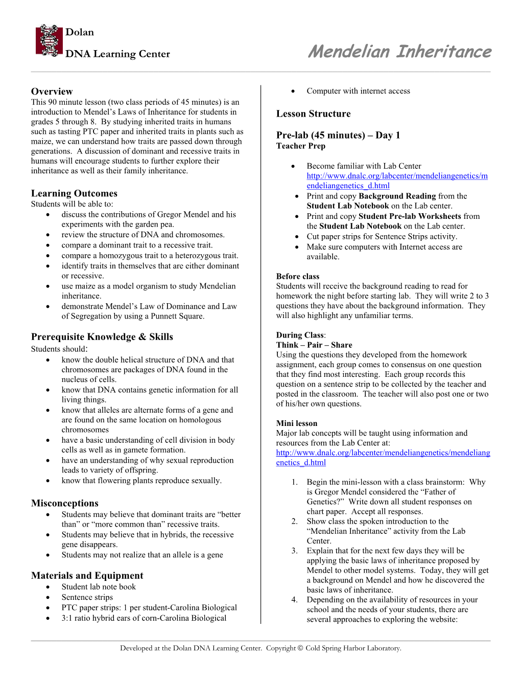 Lesson Plan Mendelian Inheritance