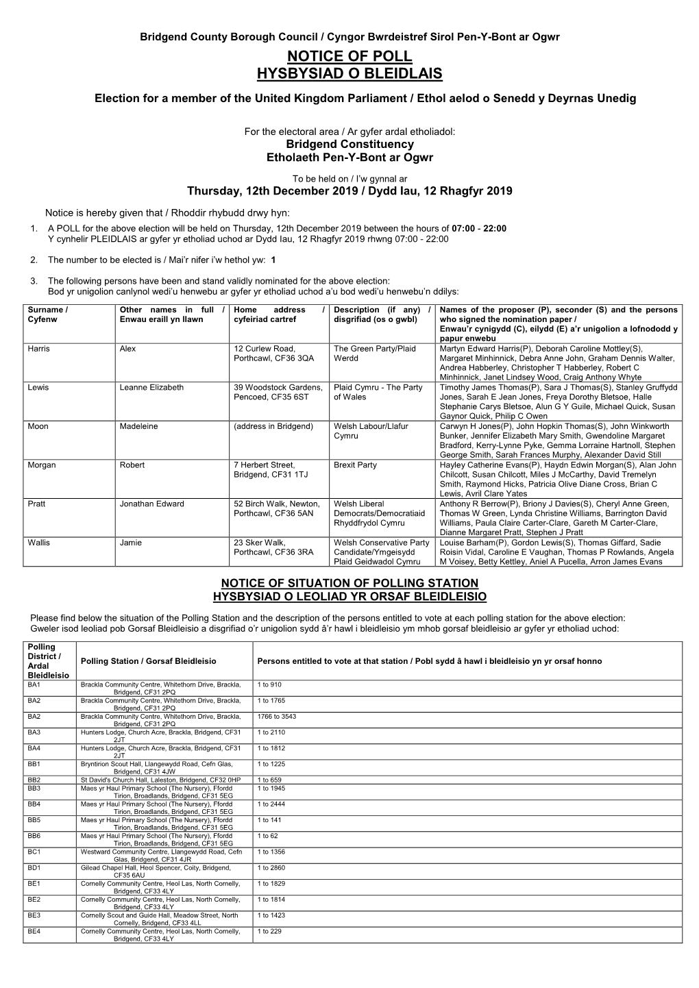 Notice of Poll Hysbysiad O Bleidlais