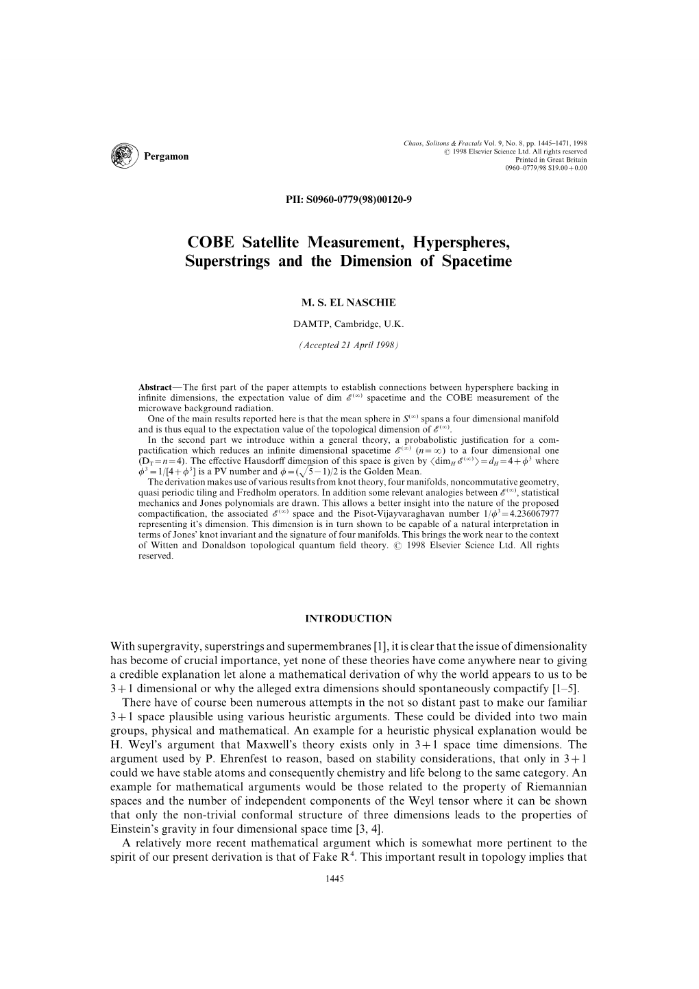 COBE Satellite Measurement\ Hyperspheres\ Superstrings and the Dimension of Spacetime