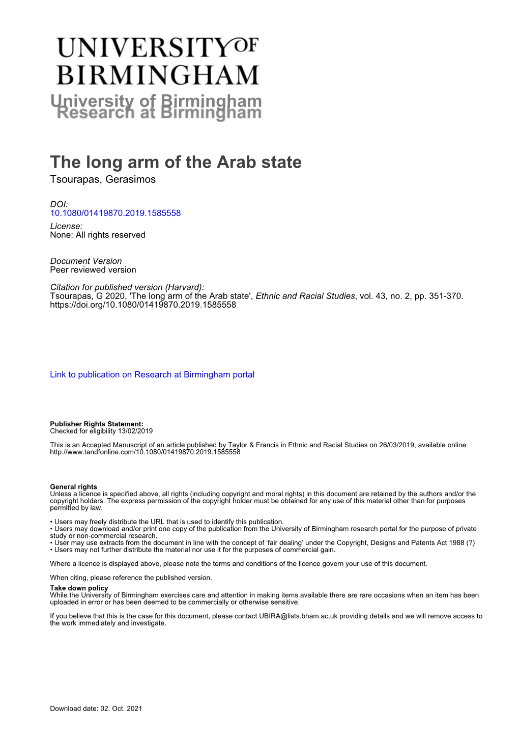 University of Birmingham the Long Arm of the Arab State