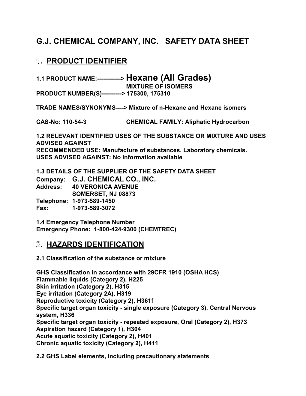 G.J. Chemical Company, Inc. Safety Data Sheet