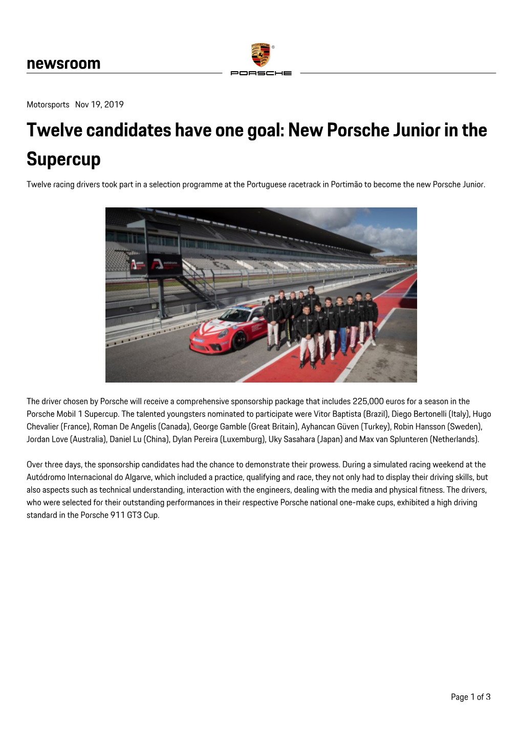 New Porsche Junior in the Supercup, Press Release, 11/19/2019, Porsche AG