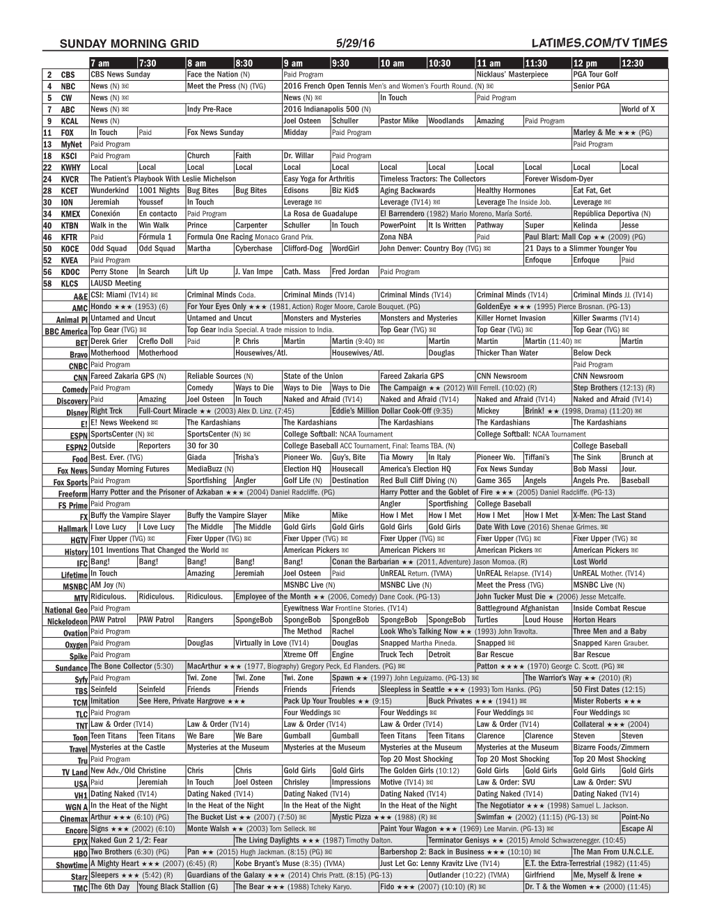 Sunday Morning Grid 5/29/16 Latimes.Com/Tv Times