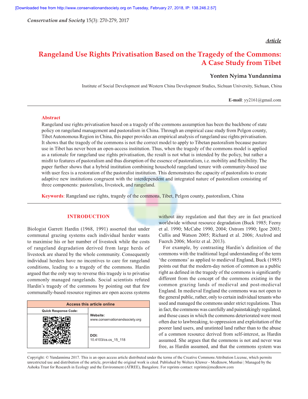 Rangeland Use Rights Privatisation Based on the Tragedy of the Commons: a Case Study from Tibet