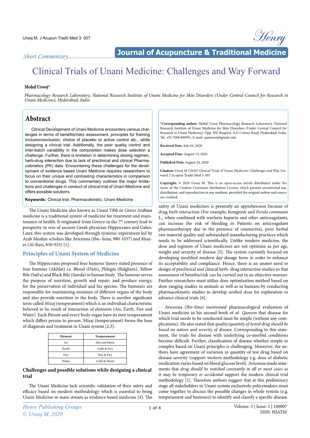 Clinical Trials of Unani Medicine: Challenges and Way Forward