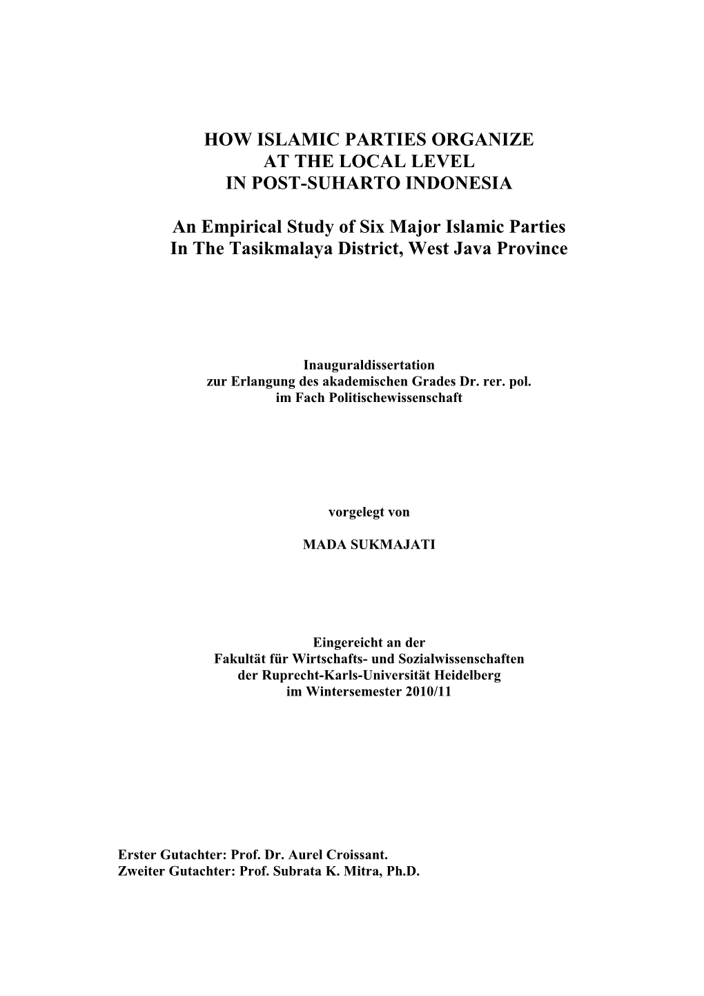 How Islamic Parties Organize at the Local Level in Post-Suharto Indonesia