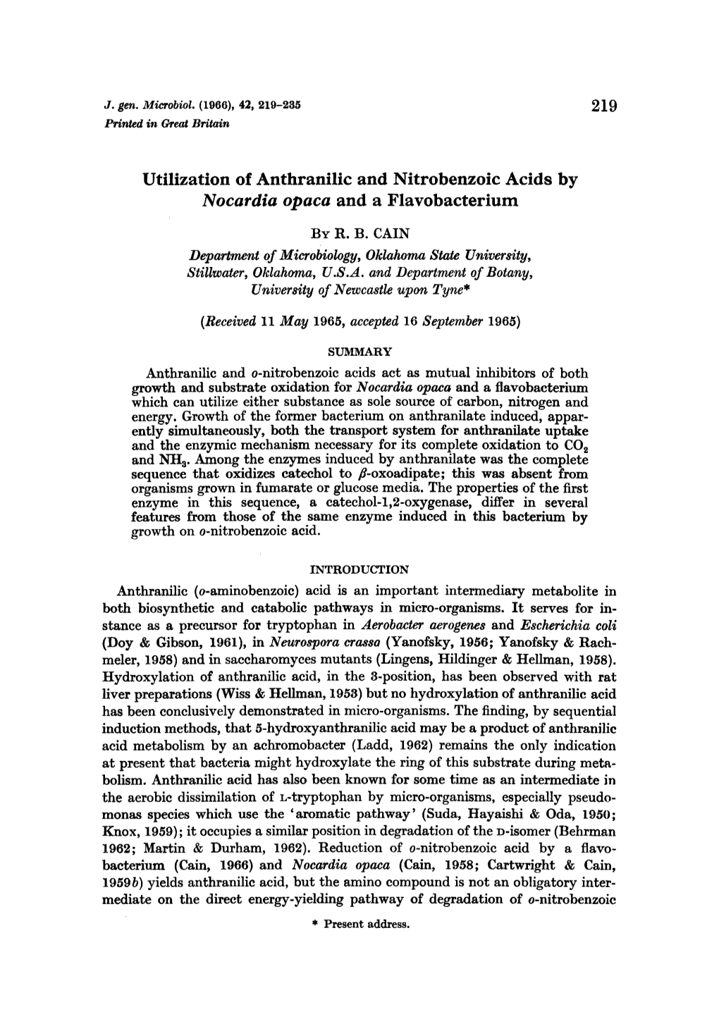 Utilization of Anthranilic and Nitrobenzoic Acids by Nocardia Opaca and a Flavobacteriurn