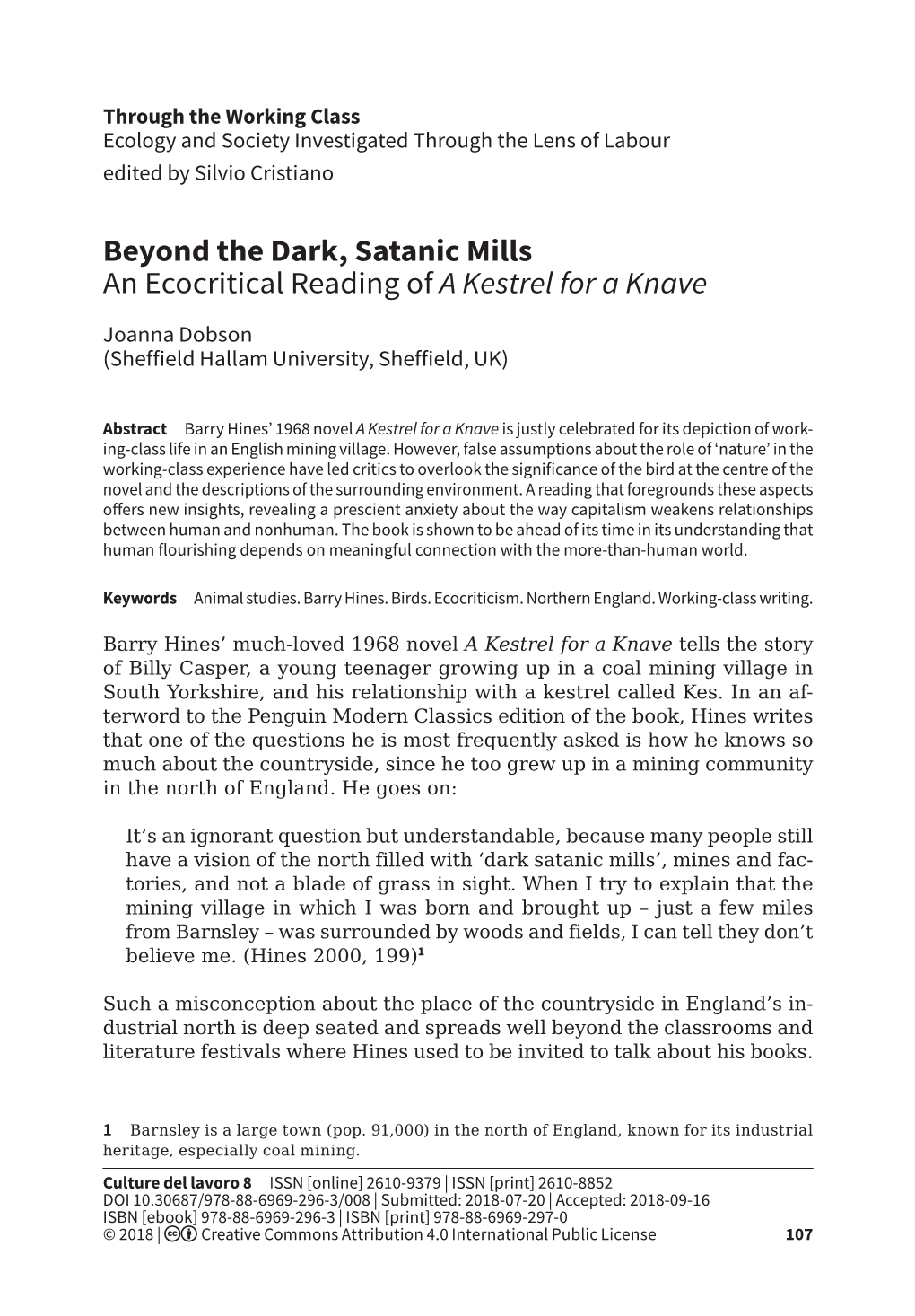 Beyond the Dark, Satanic Mills an Ecocritical Reading of a Kestrel for a Knave
