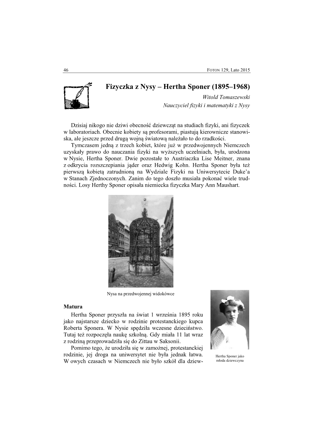 Fizyczka Z Nysy – Hertha Sponer (1895–1968) Witold Tomaszewski Nauczyciel Fizyki I Matematyki Z Nysy