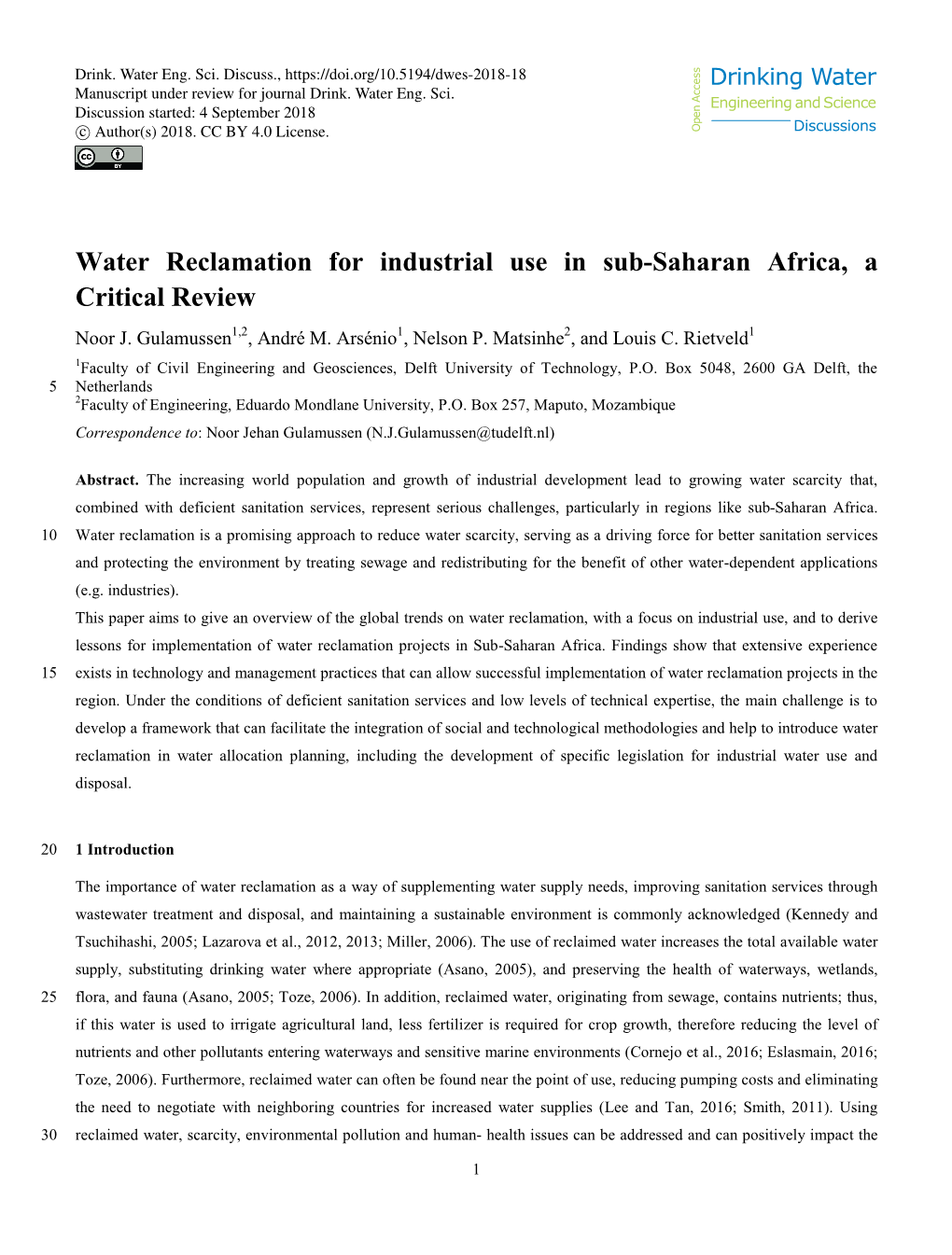 Water Reclamation for Industrial Use in Sub-Saharan Africa, a Critical Review Noor J