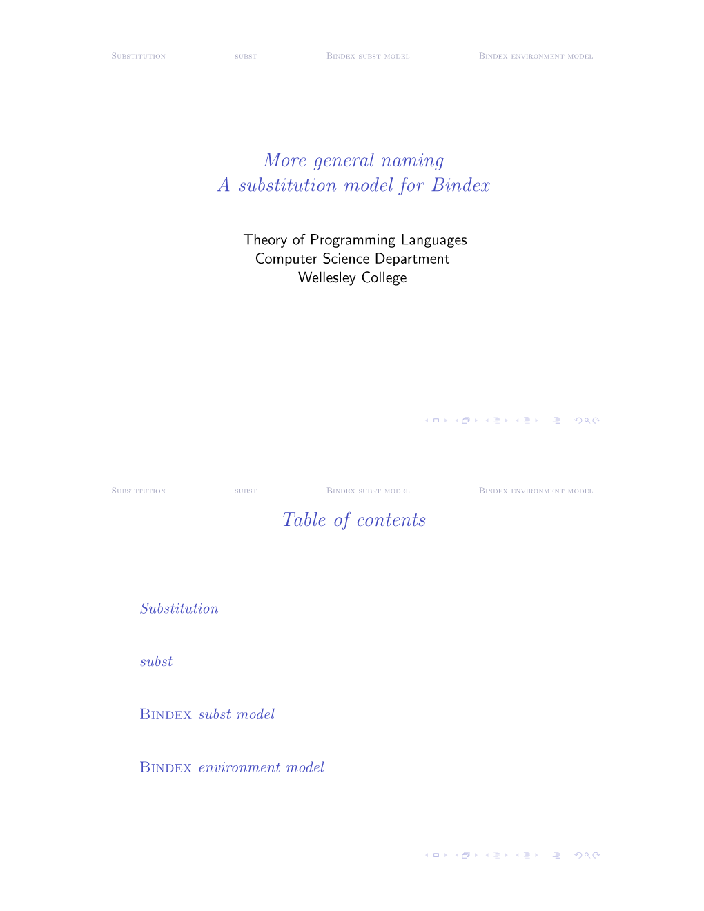 More General Naming a Substitution Model for Bindex Table of Contents