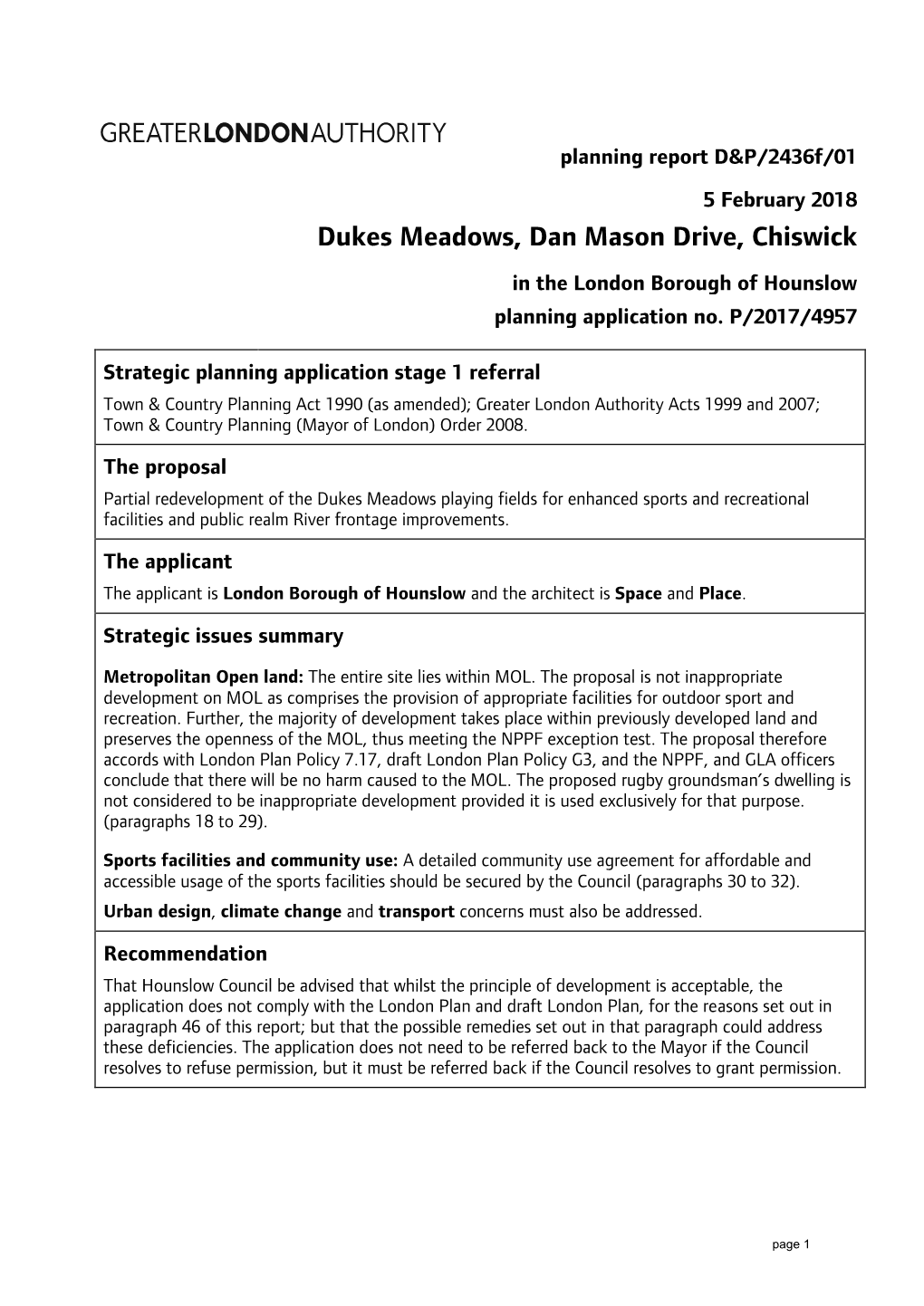 Dukes Meadows, Dan Mason Drive, Chiswick in the London Borough of Hounslow Planning Application No