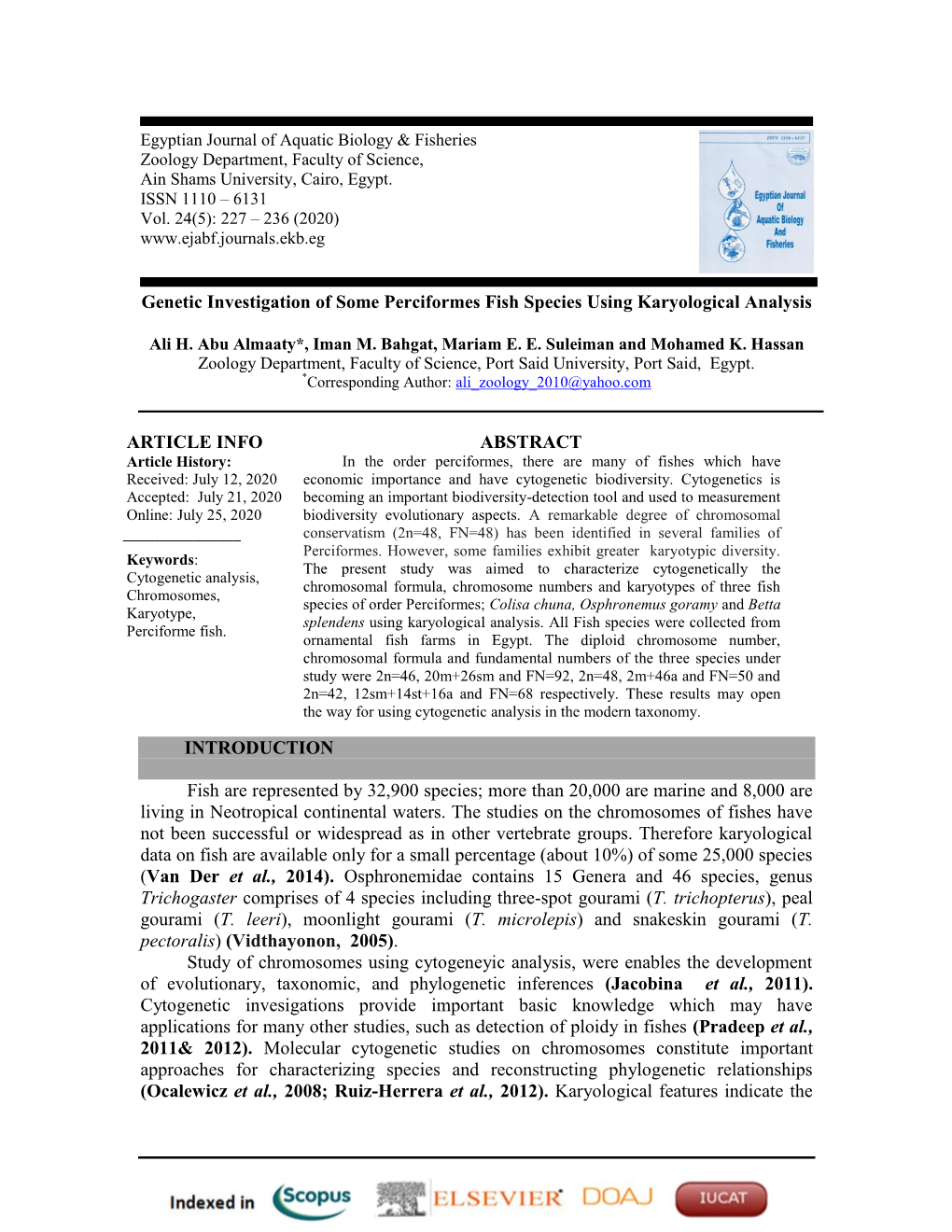 Genetic Investigation of Some Perciformes Fish Species Using Karyological Analysis