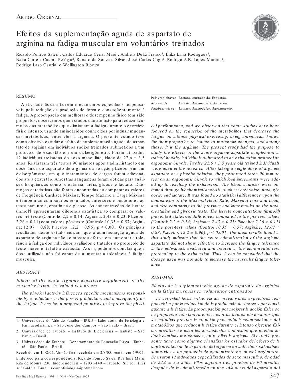 Effects of the Acute Arginine Aspartate Supplement on the Muscular Fatigue