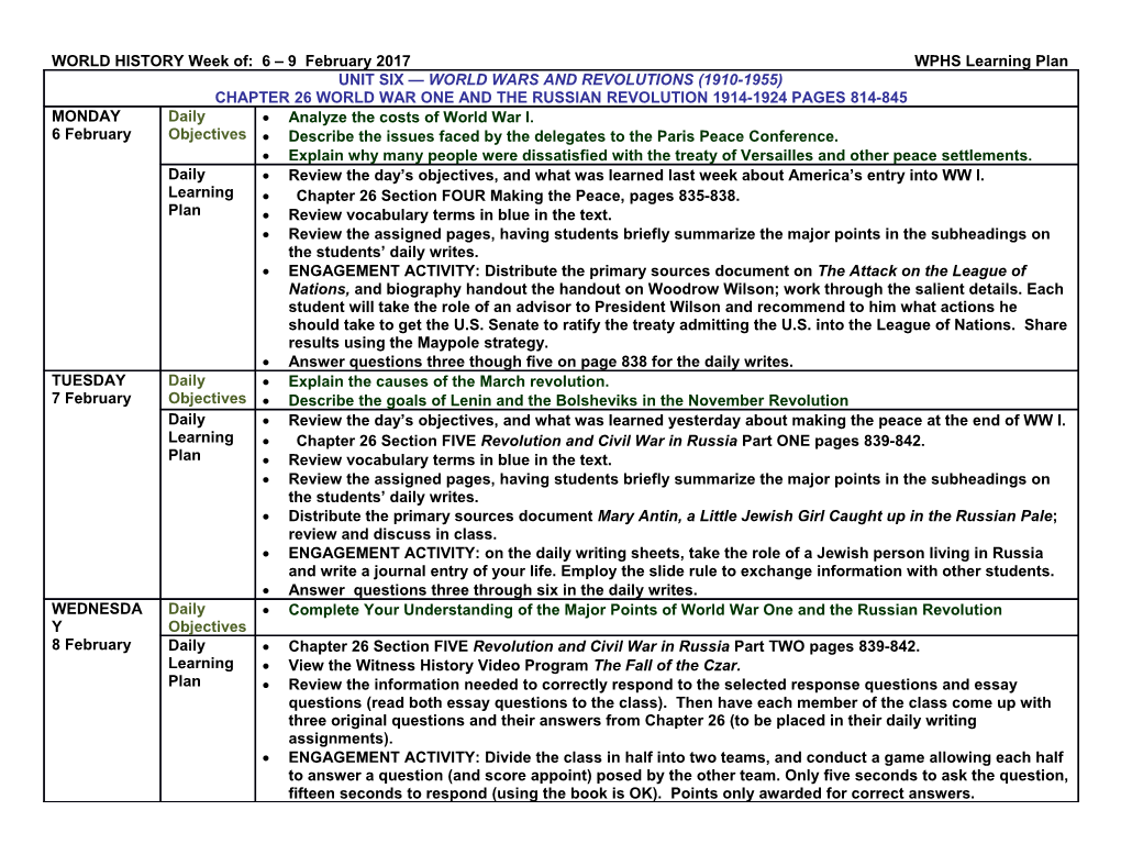 World History Week Of: 6 9 February 2017 WPHS Learning Plan