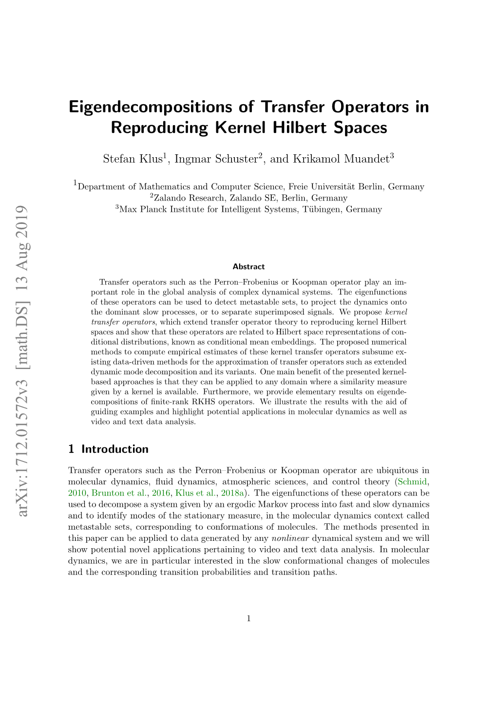 Eigendecompositions of Transfer Operators in Reproducing Kernel Hilbert Spaces