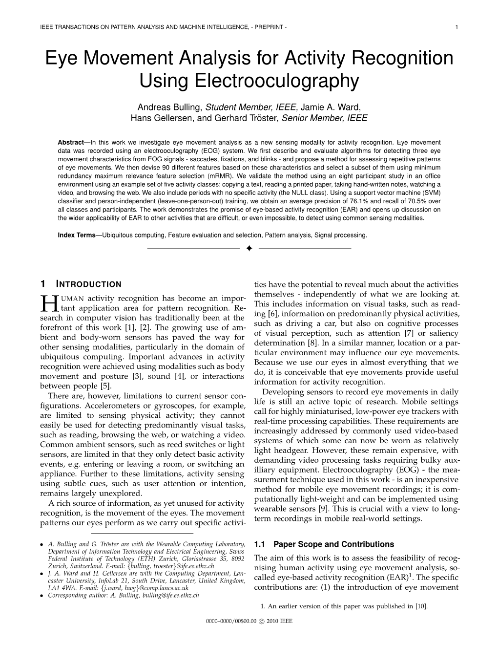 Eye Movement Analysis for Activity Recognition Using Electrooculography