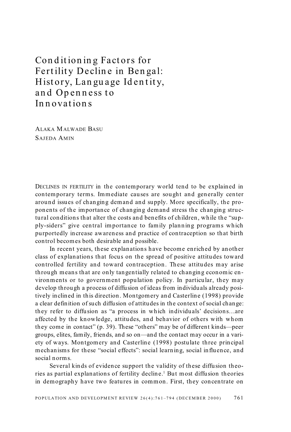 Conditioning Factors for Fertility Decline in Bengal: History, Language Identity, and Openness to Innovations