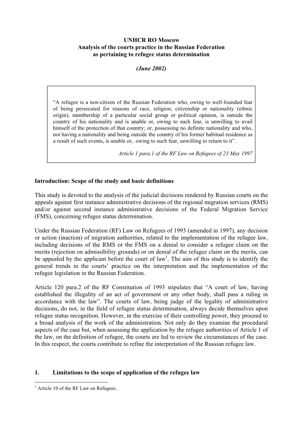 UNHCR RO Moscow Analysis of the Courts Practice in the Russian Federation As Pertaining to Refugee Status Determination