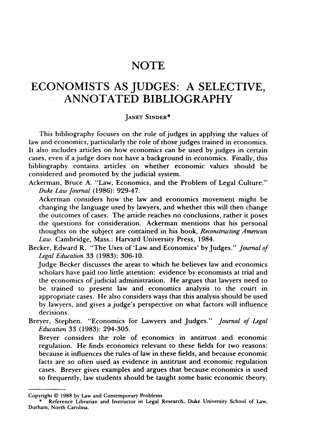 Economics As Judges: a Selective, Annotated Bibliography