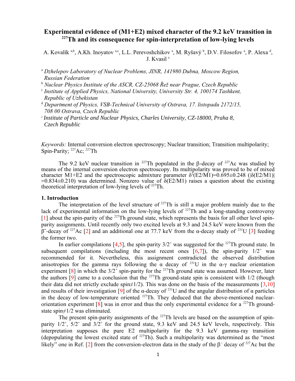 M1+E2) Mixed Character of the 9.2 Kev Transition in 227Th and Its Consequence for Spin-Interpretation of Low-Lying Levels