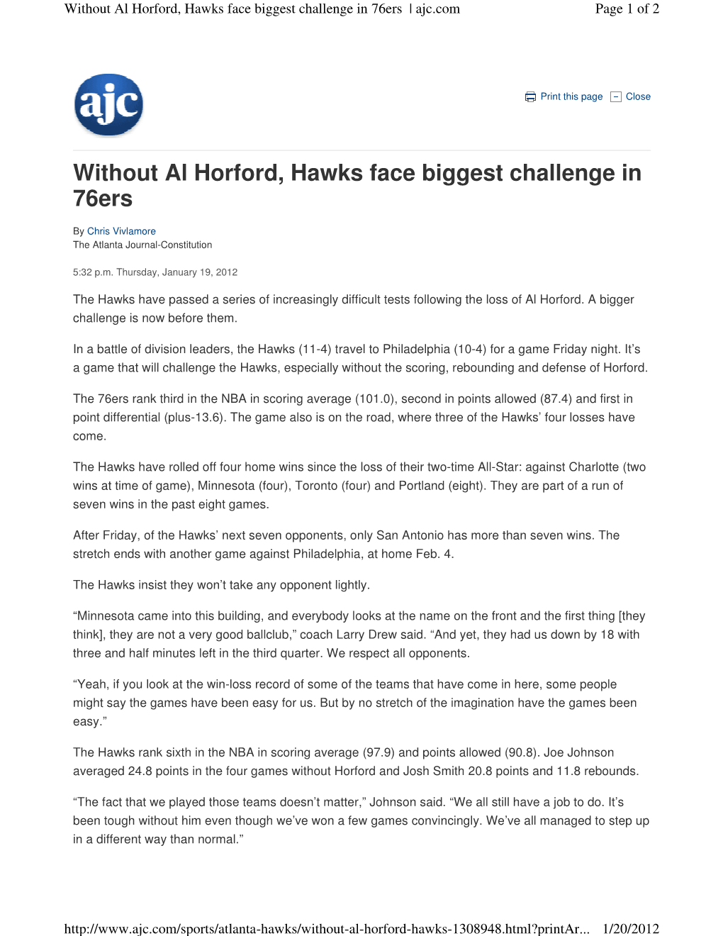 Without Al Horford, Hawks Face Biggest Challenge in 76Ers | Ajc.Com Page 1 of 2
