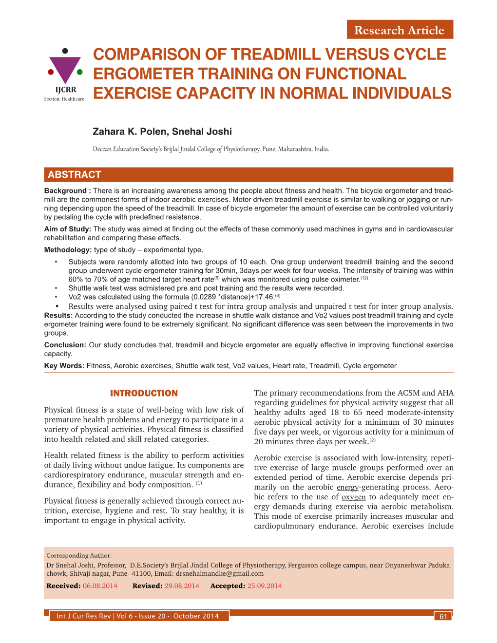 Comparison of Treadmill Versus Cycle Ergometer Training on Functional Exercise Capacity in Normal Individuals