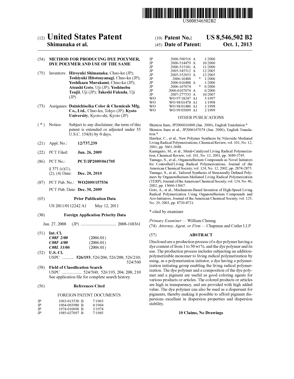 (12) United States Patent (10) Patent No.: US 8,546,502 B2 Shimanaka Et Al