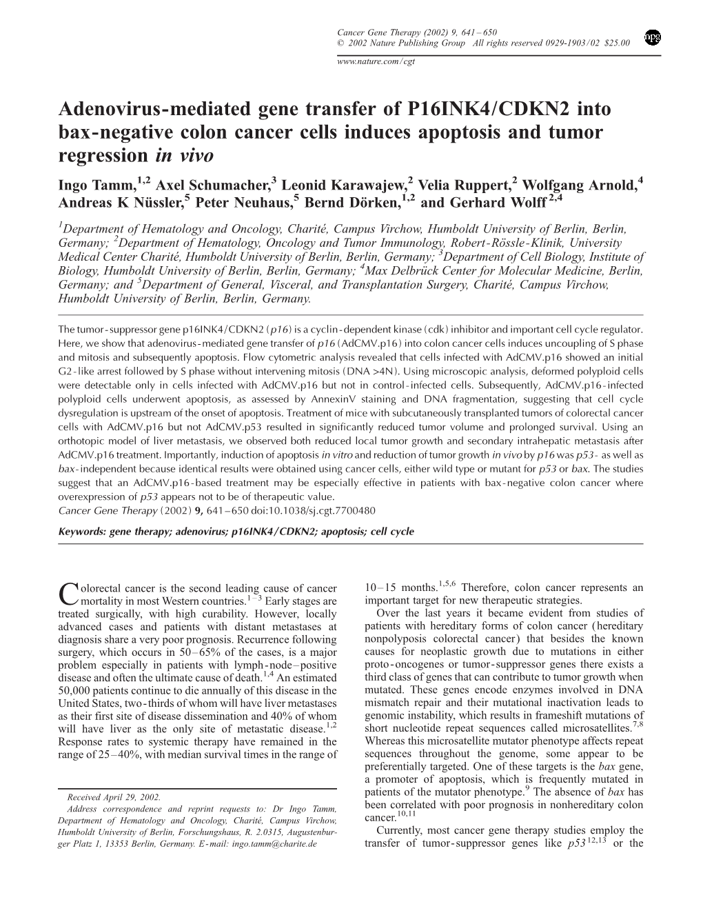 Adenovirus-Mediated Gene Transfer of P16INK4/CDKN2 Into Bax-Negative