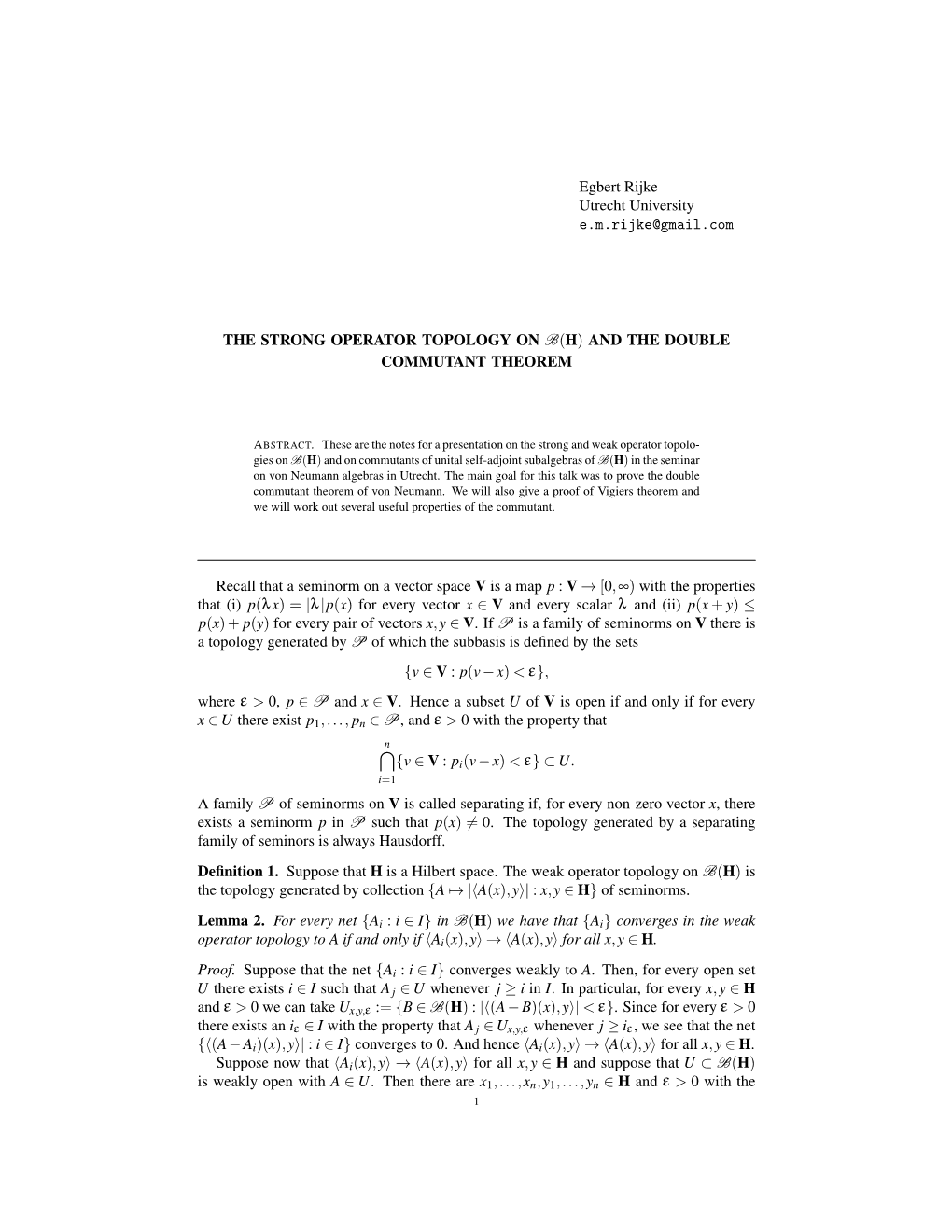 AND the DOUBLE COMMUTANT THEOREM Recall