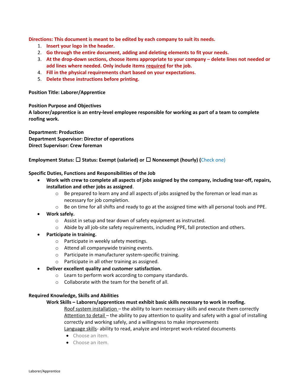 Directions: This Document Is Meant to Be Edited by Each Company to Suit Its Needs