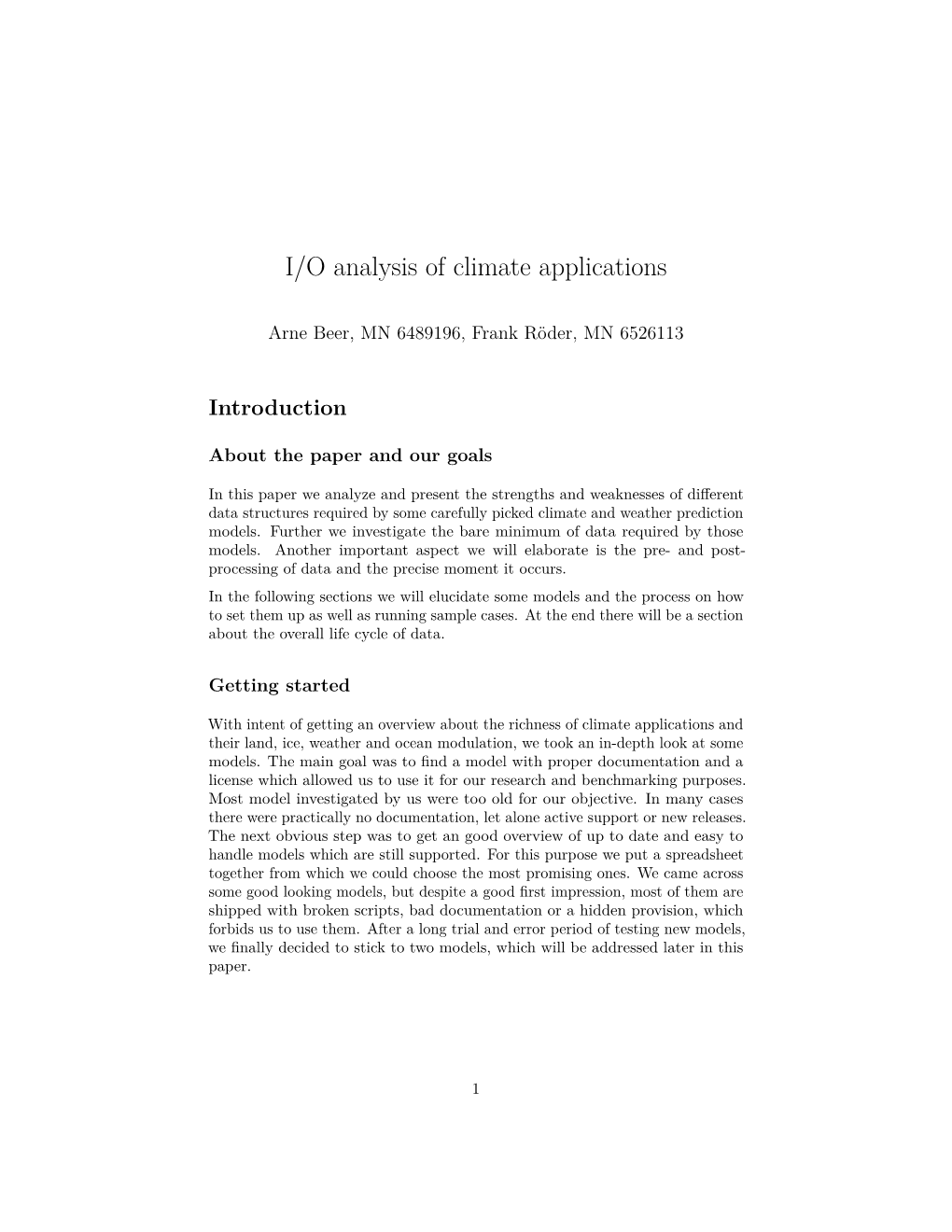 I/O Analysis of Climate Applications