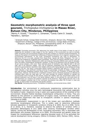 Geometric Morphometric Analysis of Three Spot Gourami, Trichopodus Trichopterus in Masao River, Butuan City, Mindanao, Philippines 1Manny P
