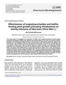 Effectiveness of Exopolysaccharides and Biofilm Forming Plant Growth Promoting Rhizobacteria on Salinity Tolerance of Faba Bean (Vicia Faba L.)