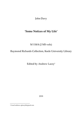 John Davy, 'Some Notices of My Life'